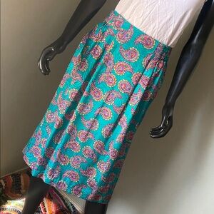 100% SILK VINTAGE Vibrant Teal Green Multicolor Paisley Print Skirt
